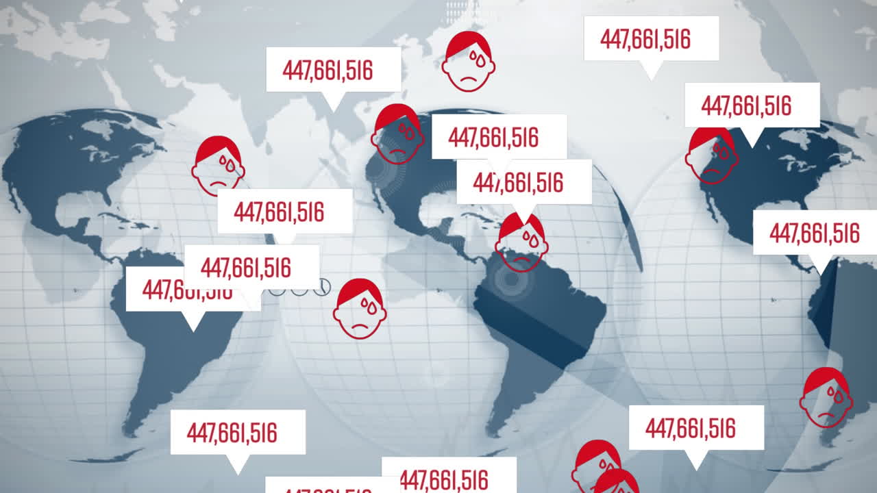 세계 지도 위에  ⁇ 색 음성 거품에 날아다니는 인간의 얼굴과 숫자의 애니메이션