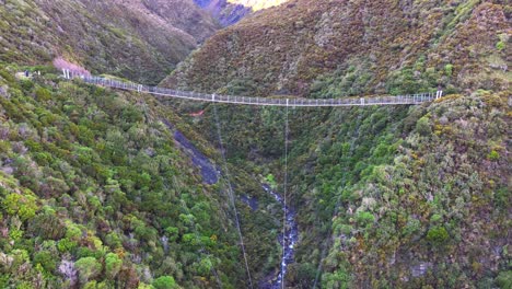 disparo estático de un dron de un gran puente oscilante mientras los ciclistas lo atraviesan de izquierda a derecha