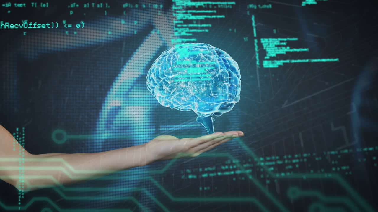 데이터 처리와 인간의 뇌의 애니메이션이 어두운 배경 위에 있습니다.