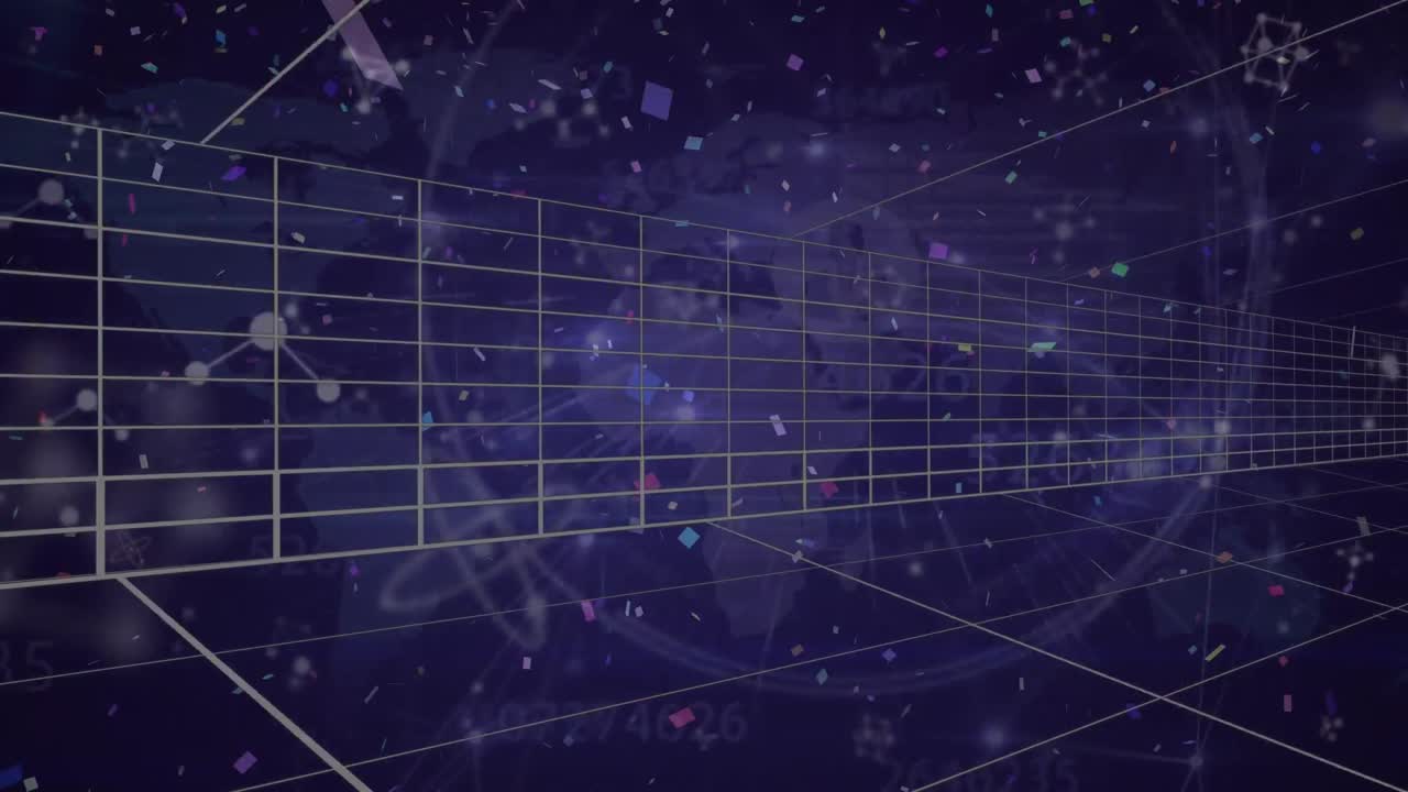 세계 지도 위에 있는 콘페티와 분자의 애니메이션