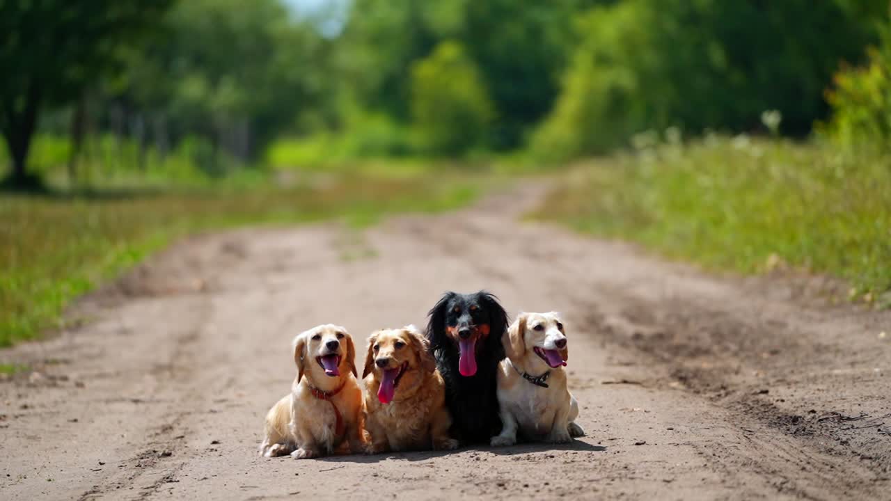 Pet animals outdoors. Dachshund dogs sitting together on a road in bright summer day. Four adorable dogs resting in the street.