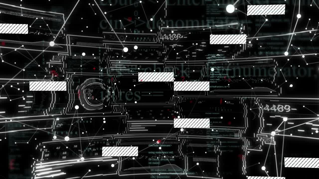 Pulsing white nodes initiating sliding bars and flickering codes visualizing virtual data interface