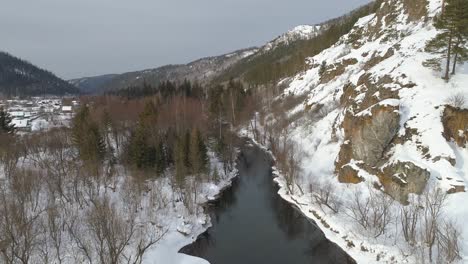 aerial view of a snowy river in the mountains