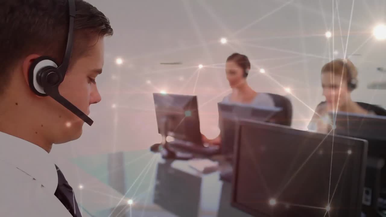 전화 헤드 ⁇ 을 사용하는 비즈니스 사람들을 통해 연결 네트워크의 애니메이션