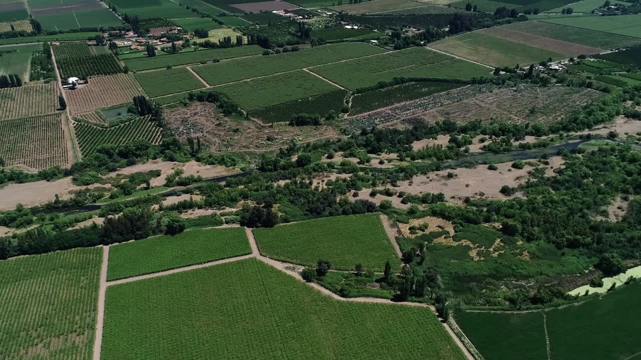 60 fps drone footage of a nice chilean valey landscape full of vineyard