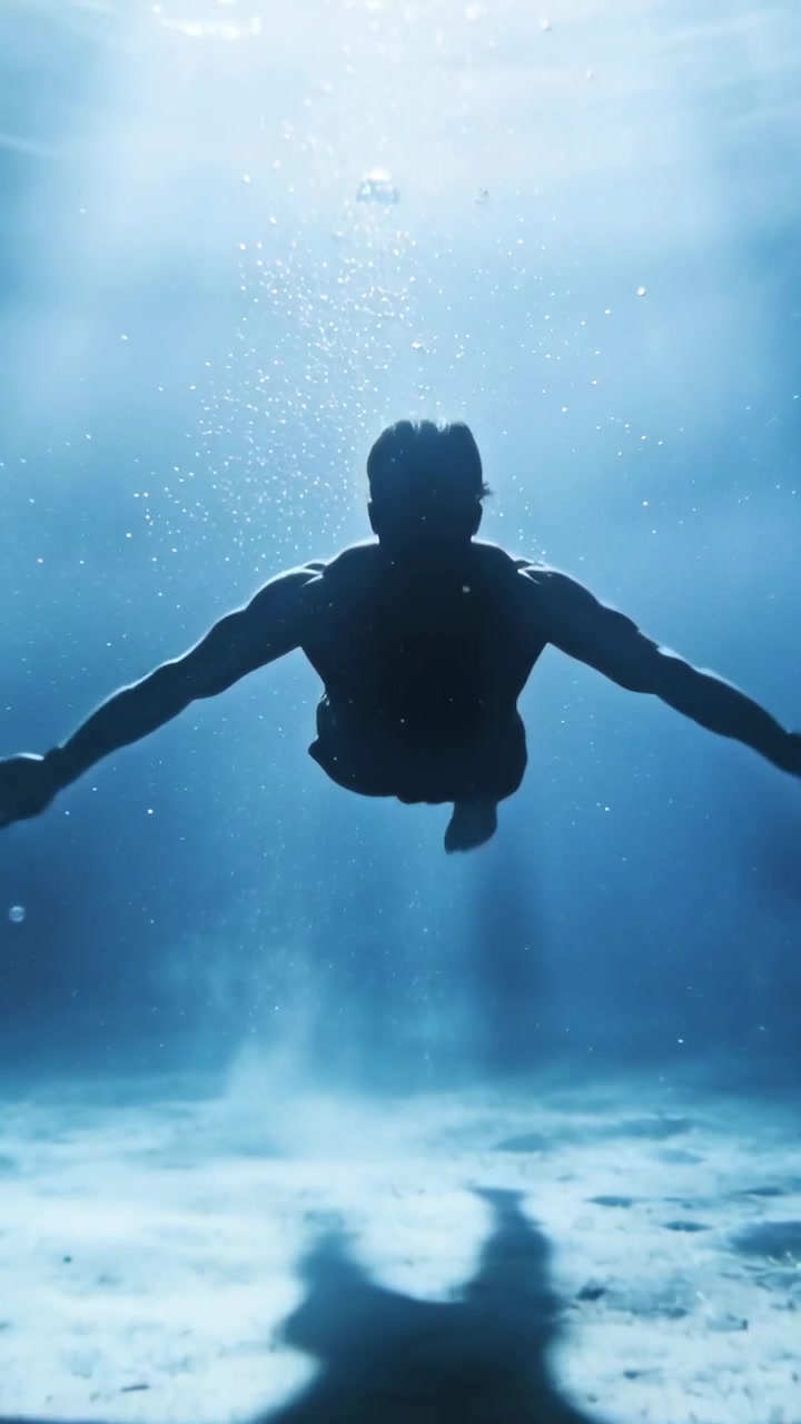 Video verticale: Nuotatore che espira, con costume da bagno sott'acqua, che si rannicchia e scivola verso la luce del sole.