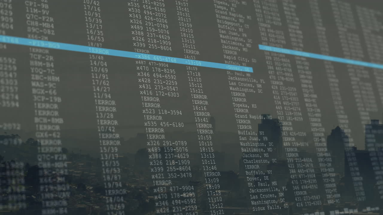 Vertical data columns being animated over blurred skyline at dusk, showing blue error highlights