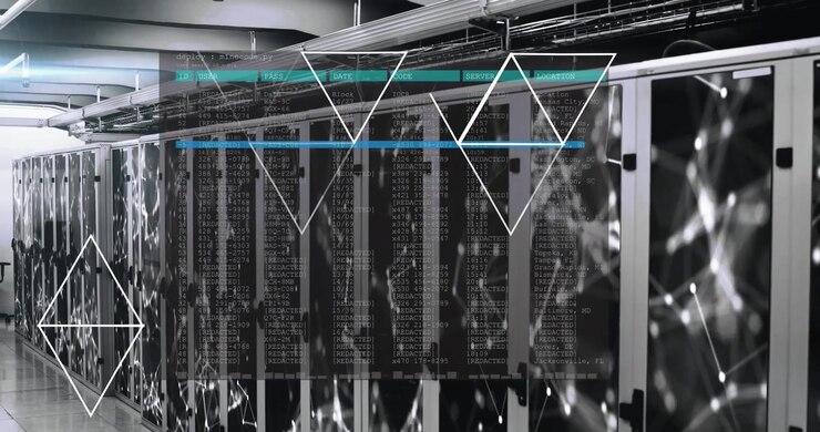 Animation of shapes and data processing over server room