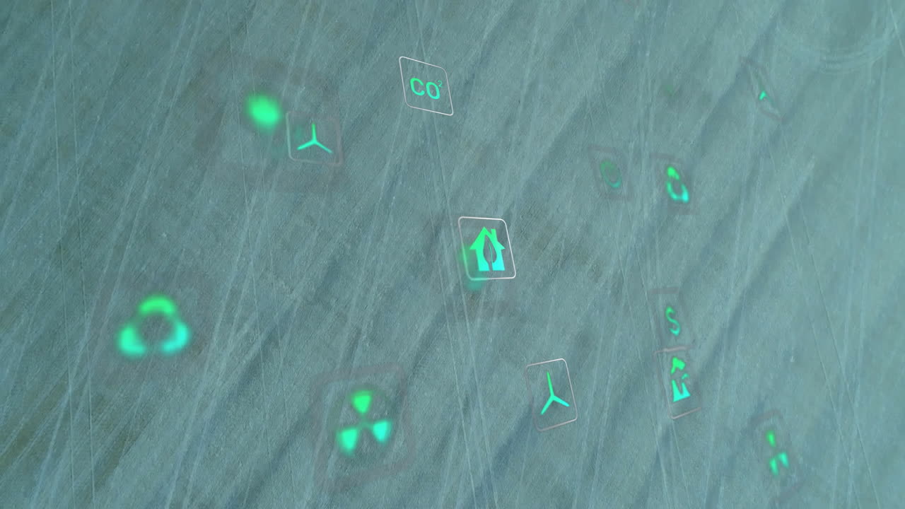 Centering green house icon being animated, neon eco icons floating over scratched digital interface