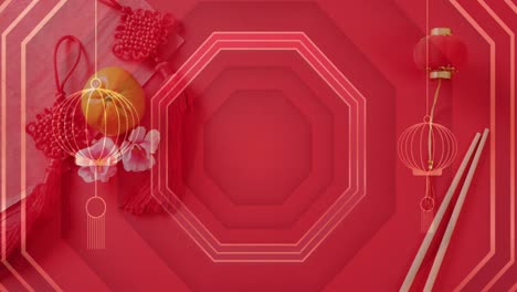 Animation-of-chinese-traditional-decorations-on-red-background