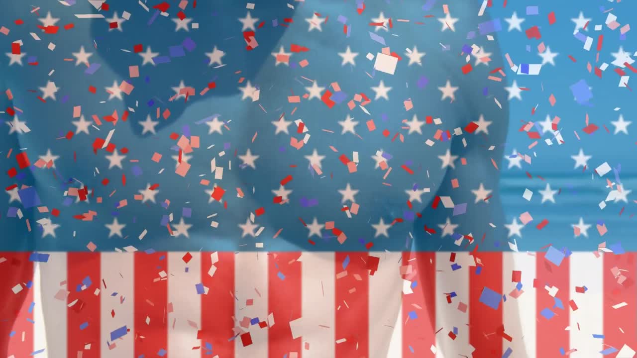 Animation of american flag and confetti over african american man at beach