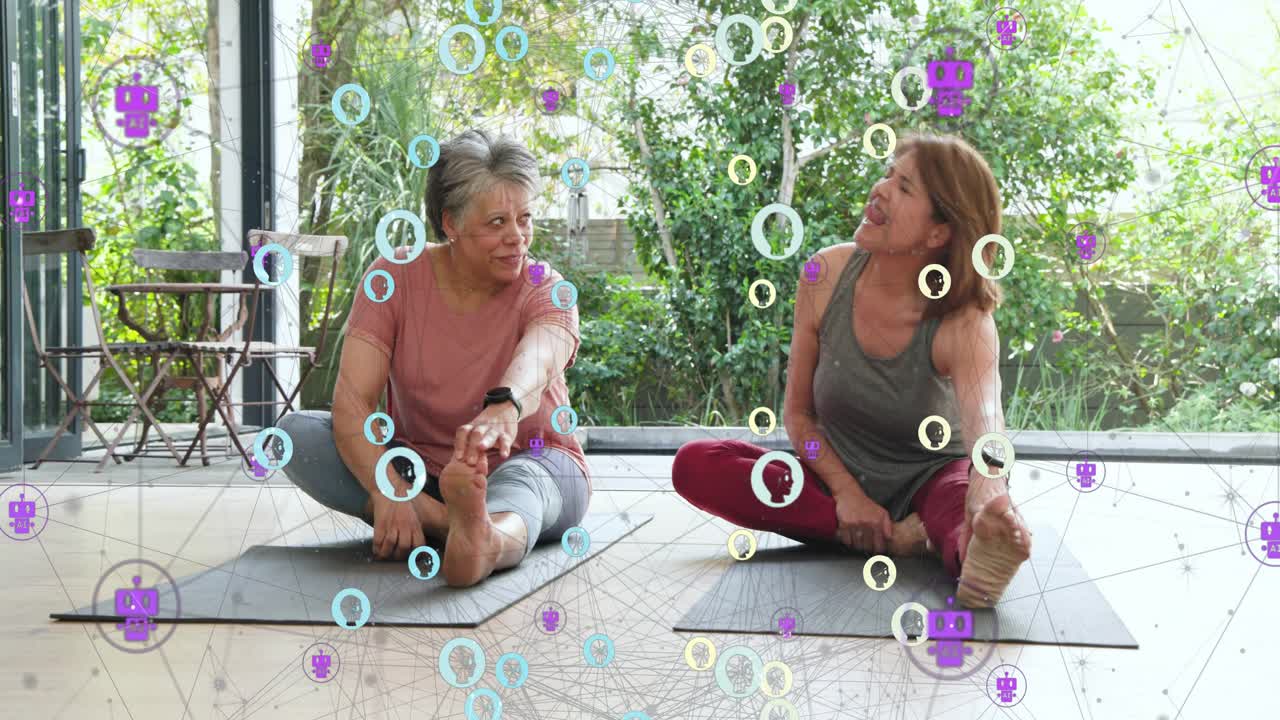 Two women doing yoga stretches on sunroom mats starting via glances overlay animating across scene