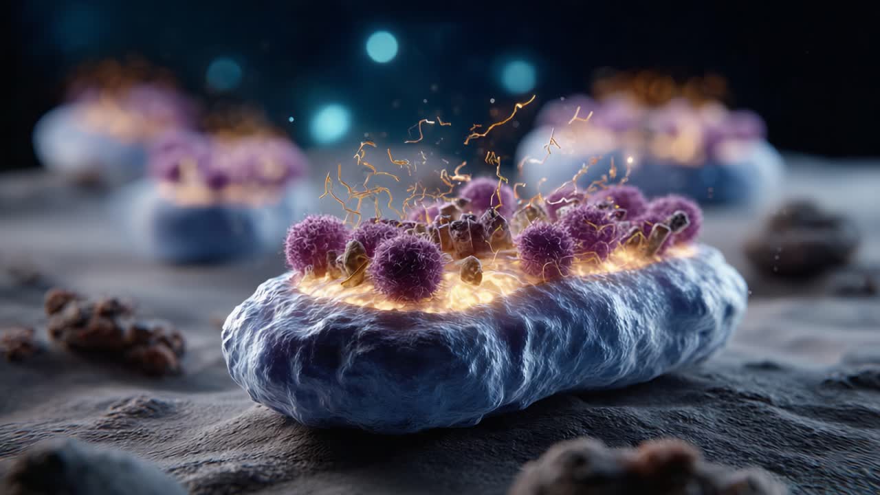 Bacterial Cells with Vibrant Purple Structures: An Artistic Representation of Microbial Life and Activity in a Unique Microenvironment