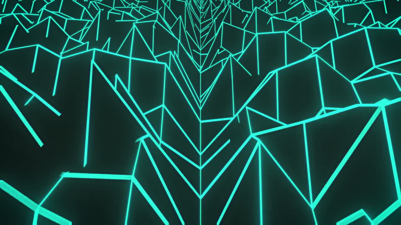 Animation of glowing green outlined mountains on map moving on seamless loop