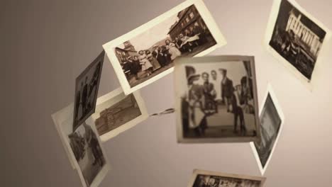 vintage photos float mid-air against a neutral backdrop, captured from a dynamic angle