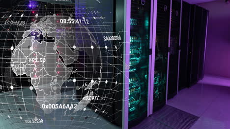animation of changing numbers around globe over illuminated data server room