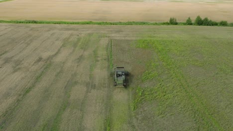 Aerial-establishing-view-of-combine-harvester-mowing-yellow-wheat,-dust-clouds-rise-behind-the-machine,-food-industry,-yellow-reap-grain-crops,-sunny-summer-day,-drone-shot-moving-forward,-tilt-down