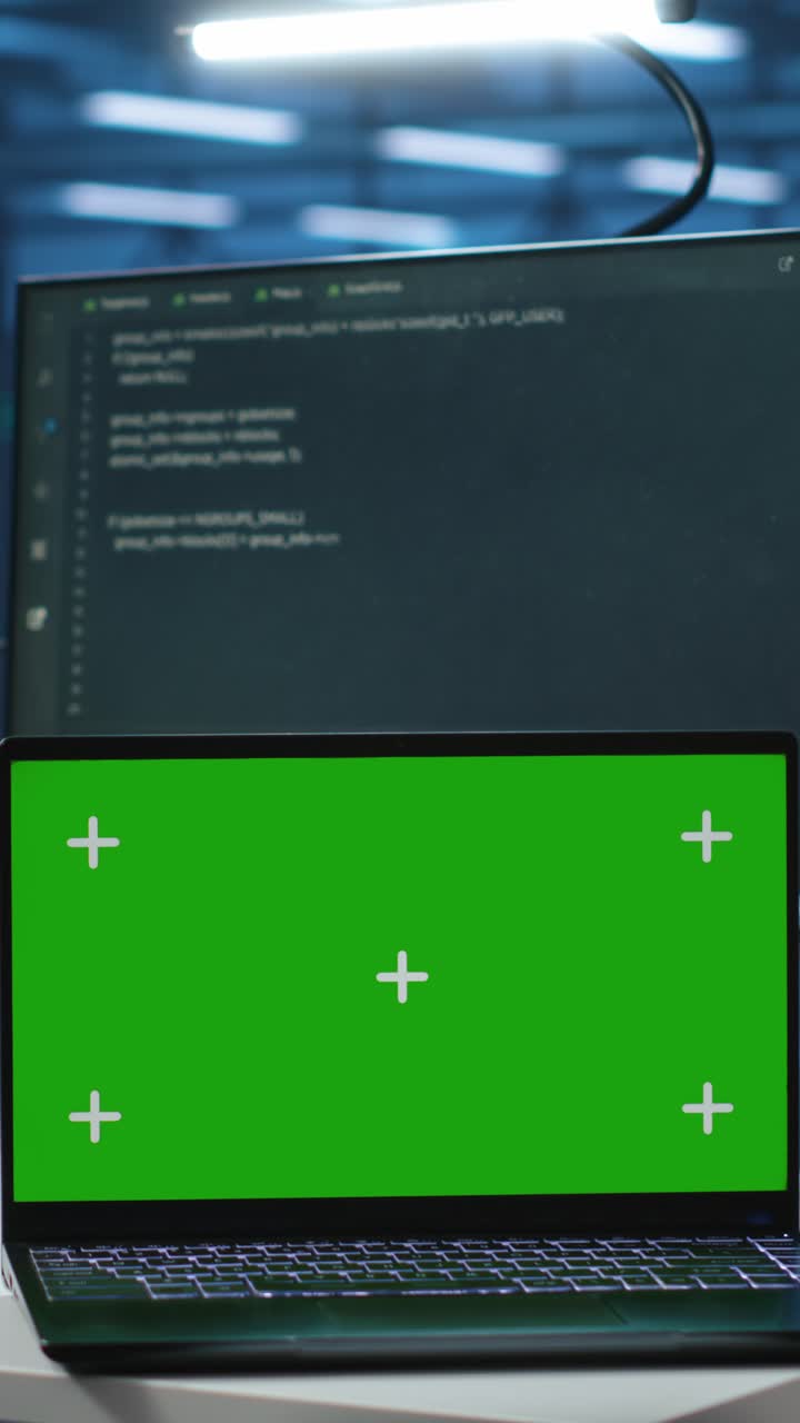 Laptop med grön skärm och kodningsskärmar i bakgrunden