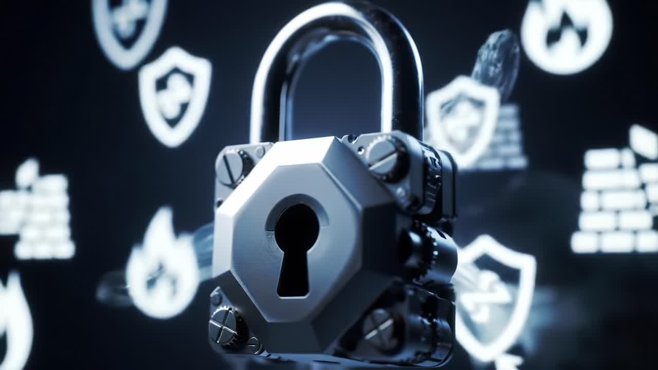 A futuristic metal padlock suspended in a dark space, surrounded by vibrant flames and security symbols, representing the themes of protection, security, and resilience against threats