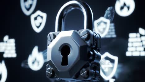 a futuristic metal padlock suspended in a dark space, surrounded by vibrant flames and security symbols, representing the themes of protection, security, and resilience against threats