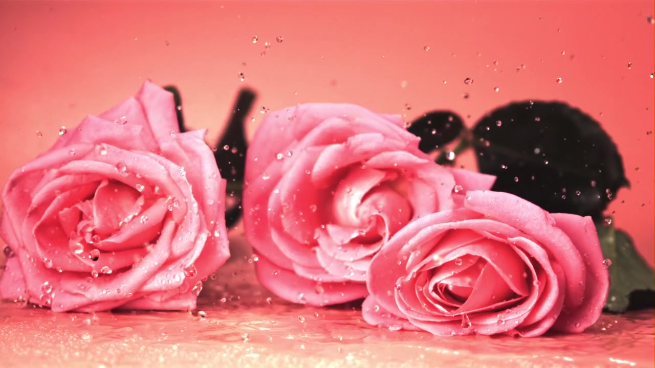 Slow motion roze rozen vallen op nat oppervlak met waterspatten