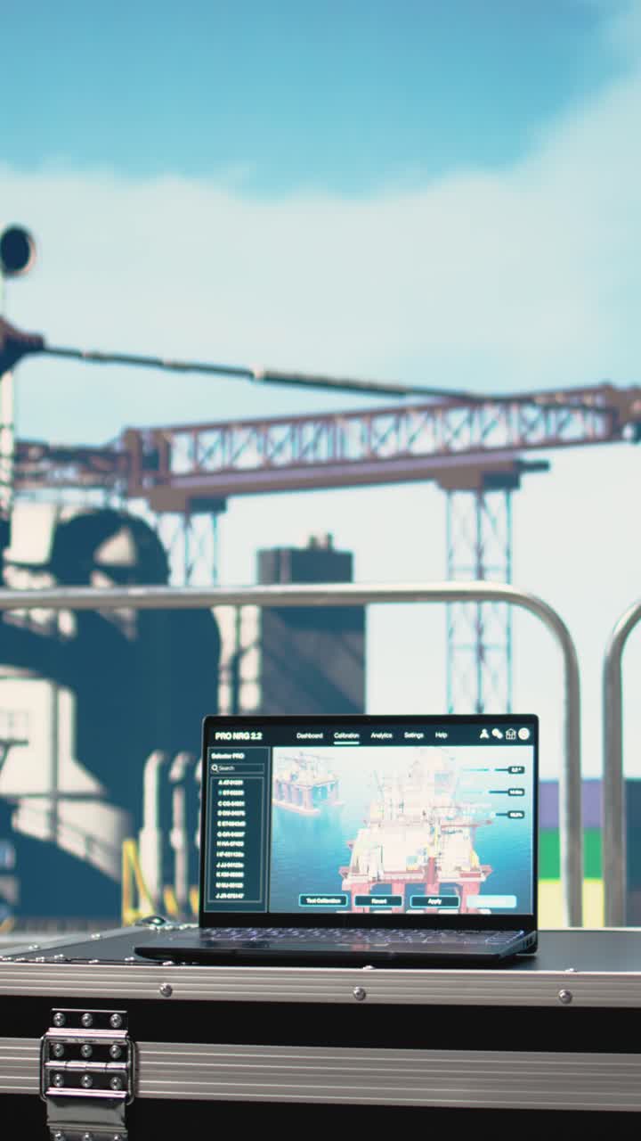 Vertical video Laptop on offshore platform with software used to identify system faults