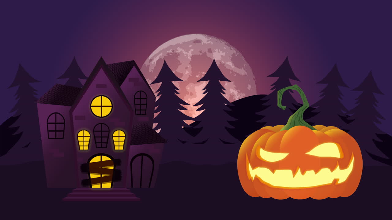 escena nocturna con un gran castillo de terror y una calabaza aterradora, animación