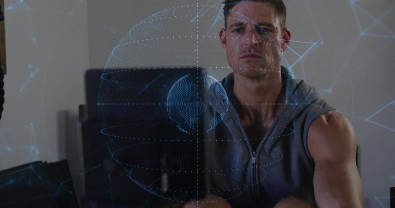 Athletic Man Using Rowing Machine with Digital Data Overlay