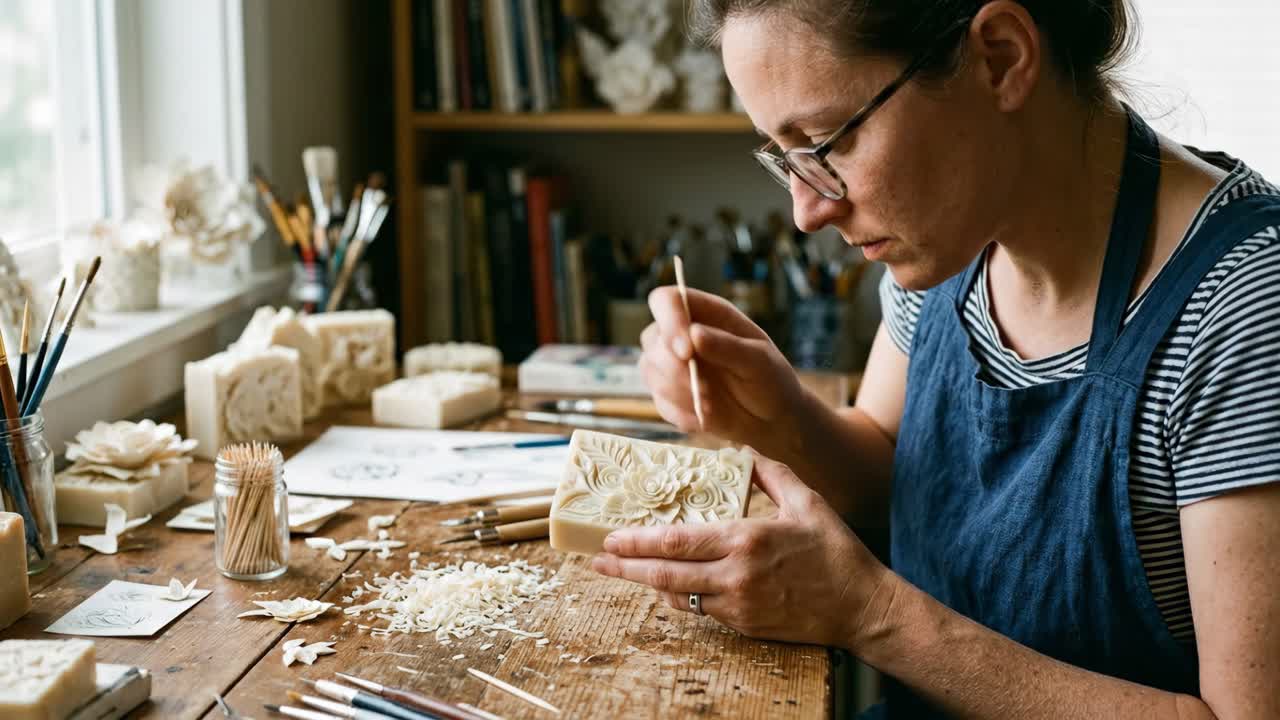 Woman Carving Detailed Floral Design into Handmade Soap Bar
