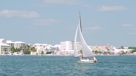 Bermuda,-Hamilton-Harbour,-sailing-yacht-coming-into-dock,-with-town-skyline-in-the-background