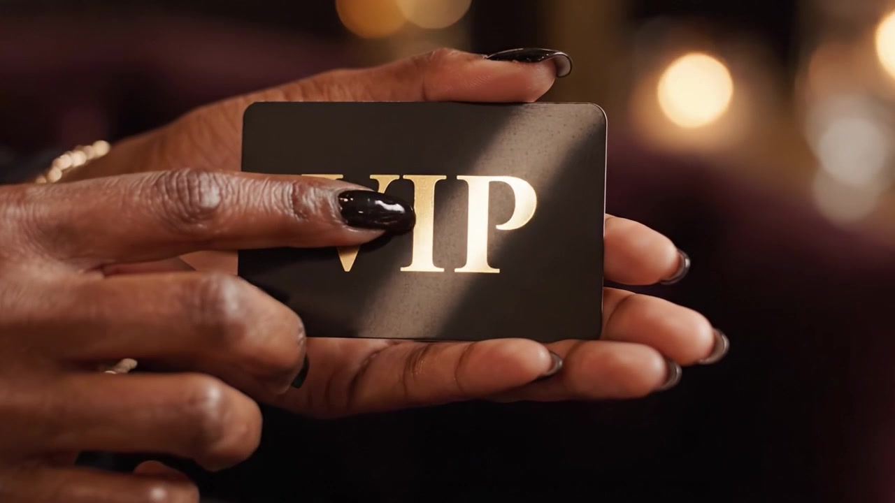 An Elegant Hand Displaying a Luxurious VIP Card with Golden Letters Against a Softly Lit Background, Ideal for Exclusive Events and Special Access Moments