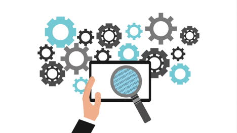 digital data analysis with magnifying glass and gears