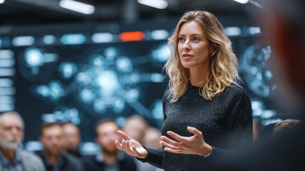 Presentazione coinvolgente in un ambiente high-tech: una donna comunica idee a un pubblico attento tra display interattivi e visualizzazioni di dati digitali