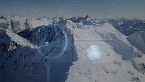 circuit board and data processing animation over snowy mountain landscape