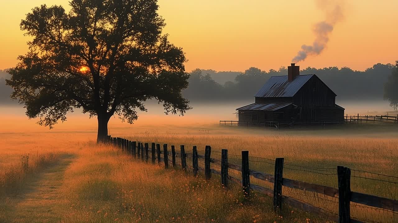 Morning light warms a misty farmhouse. A peaceful farmhouse with smoke rising from the chimney stands amid golden grass at sunrise, surrounded by nature.