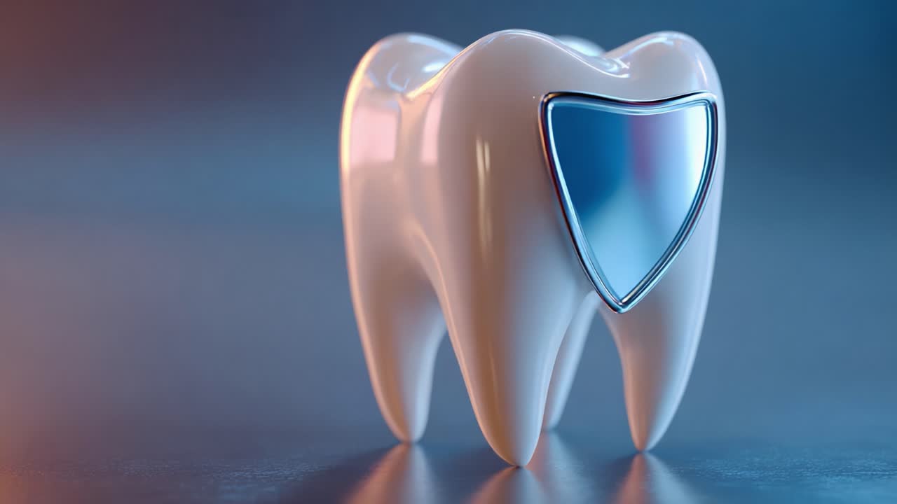 A Stunning Close-Up of a Shiny Tooth Model with a Protective Shield, Showcasing Dental Health and Hygiene in a Modern Design Aesthetic