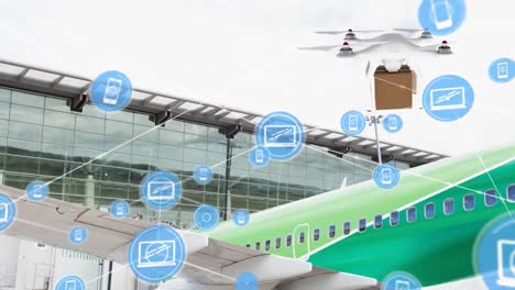 animation of network of digital icons against drone carrying a delivery box at an airport