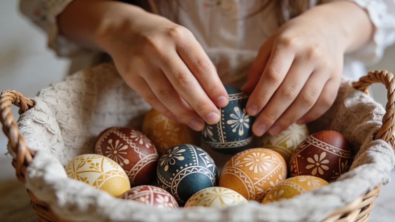 Entering hands wearing lace cuff blouse picking blue egg on tabletop, centering it in woven basket