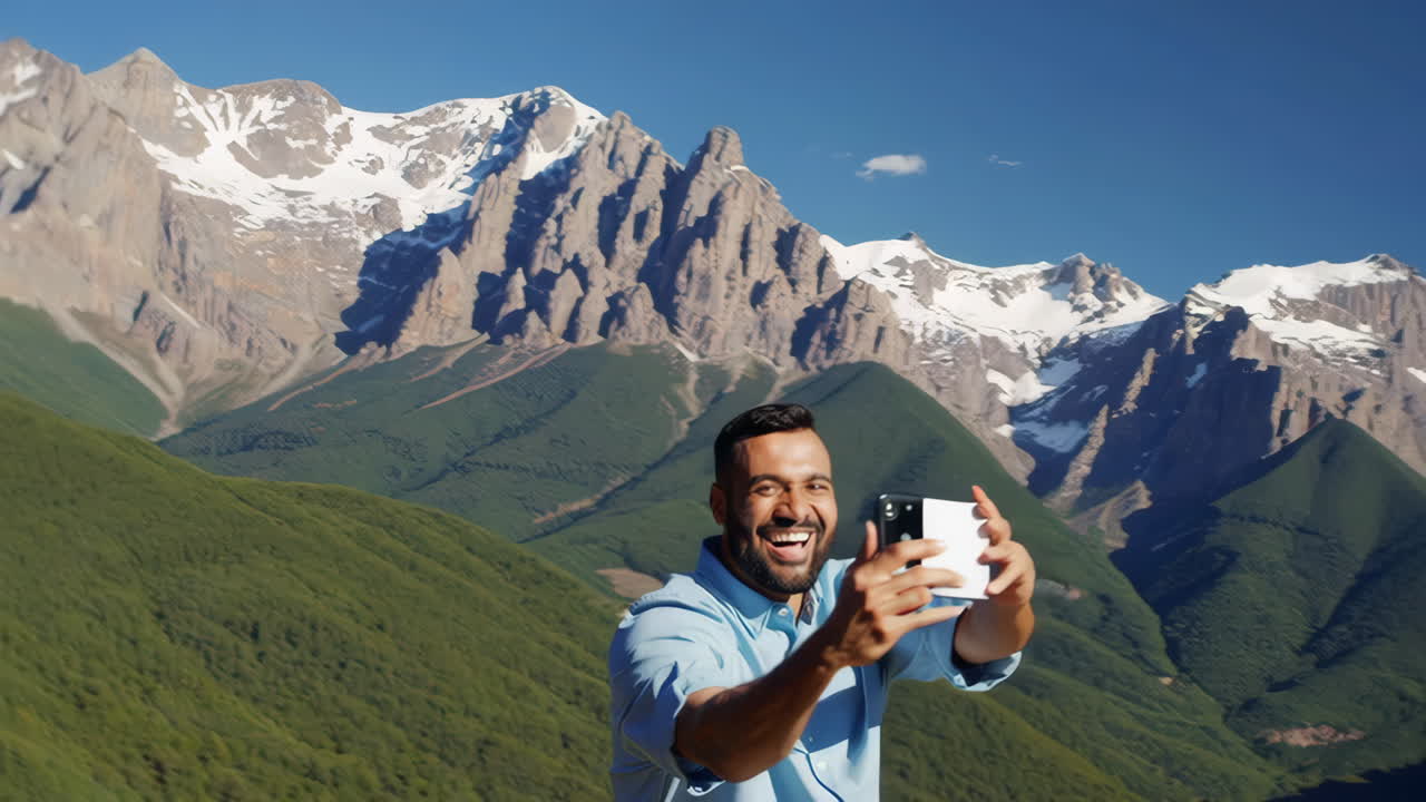 Man taking a selfie with scenic mountains in the background