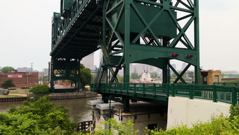 columbus road lift bridge across cuyahoga river in cleveland, ohio, usa