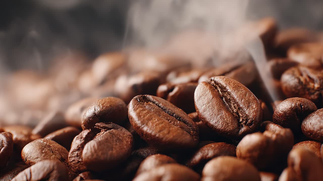 Fængslende nærbillede af aromatiske kaffebønner, der viser deres rige farve og damp i en indbydende atmosfære af friskhed og varme.