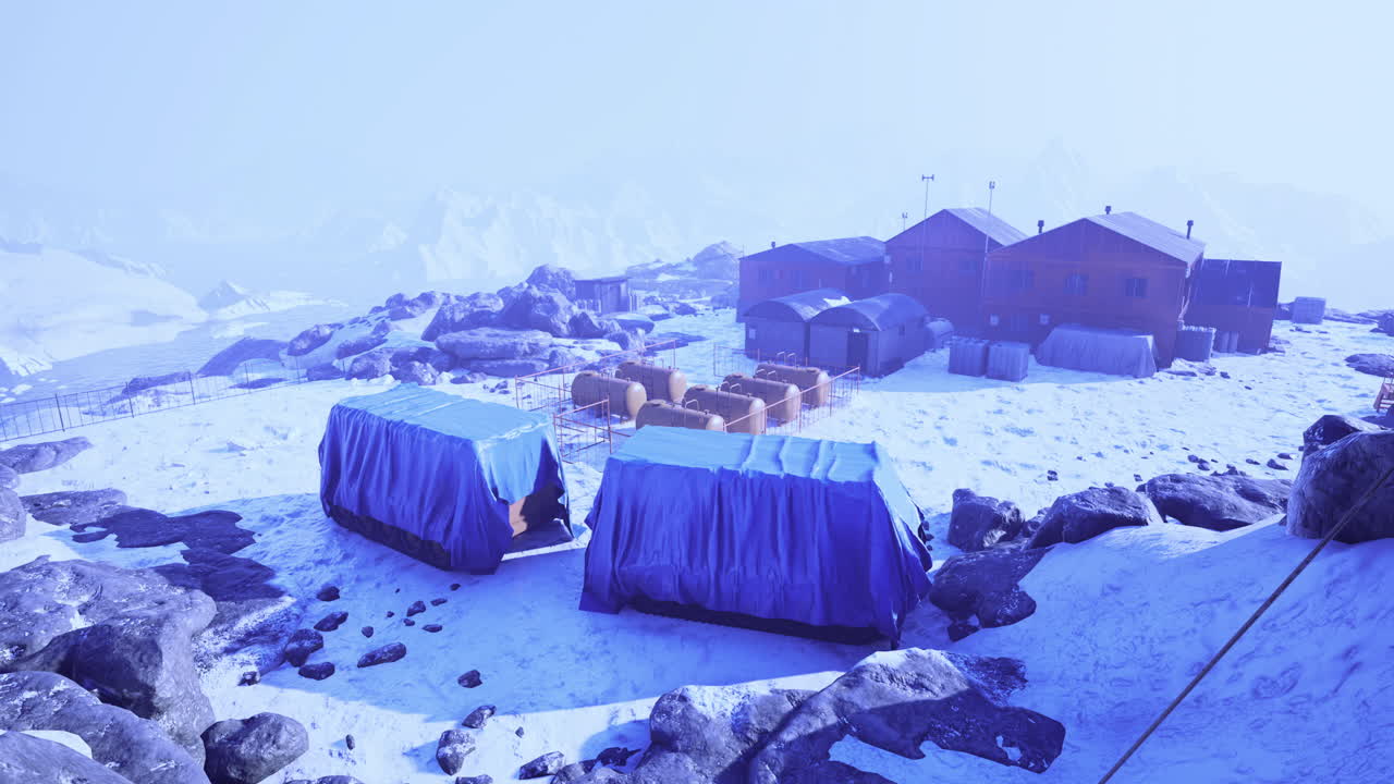 Frozen landscape showcases a remote settlement amidst icy terrain