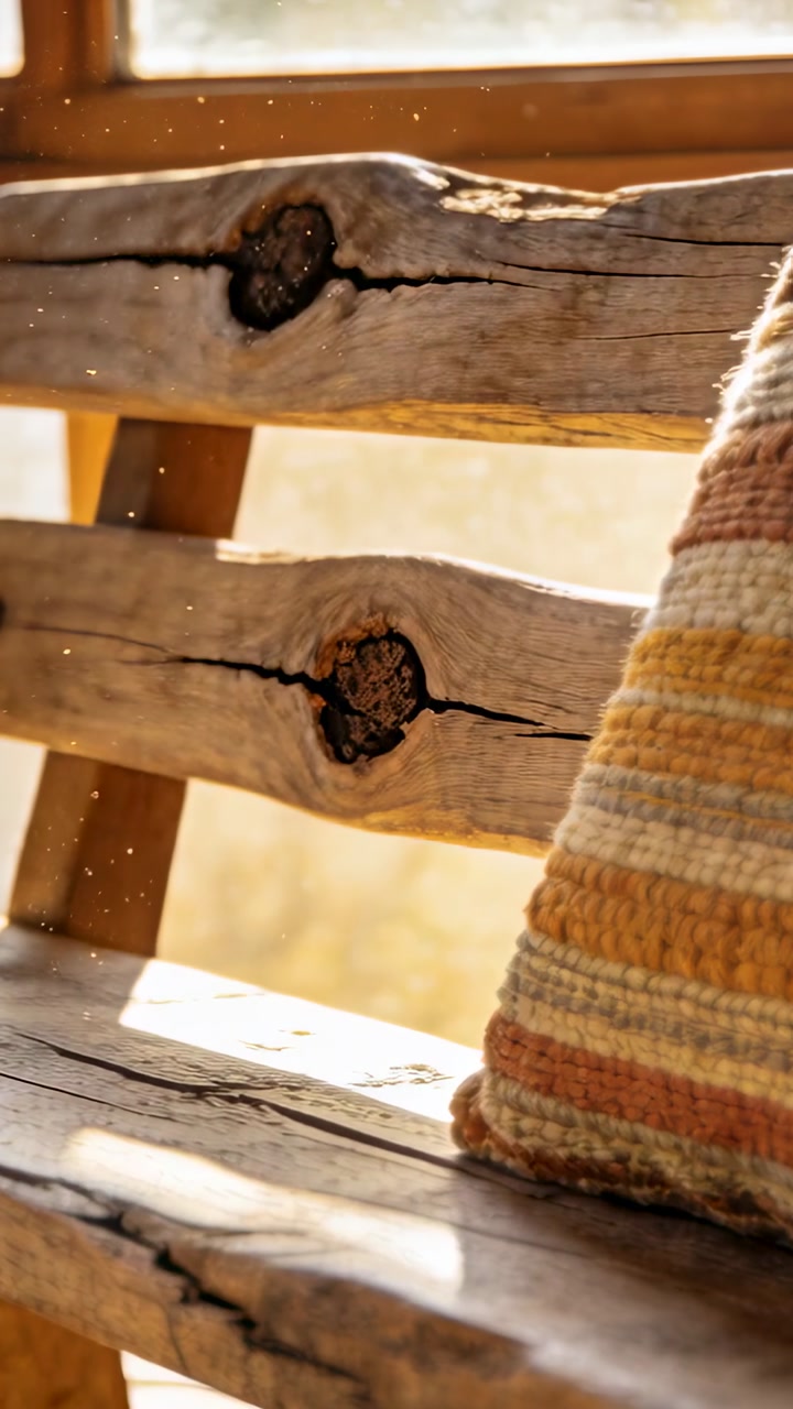 Vertical video: Streaming sunbeam bathing rustic bench at window, revealing cushion, knots, dust
