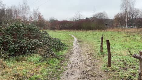 Schlammiger-Weg-Mit-Holzzaun,-Der-Zu-Einer-Wiese-Und-Büschen-Zum-Spazierengehen-Mit-Kleinen-Häusern-Im-Hintergrund-Führt