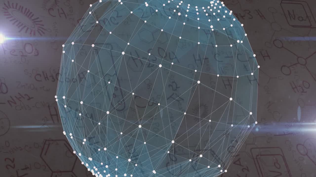 Animation of chemistry data and drawings over globe with network of connections