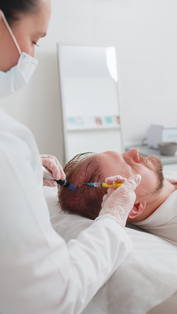 Trikolog som utför hårväxtförbättrande procedur dermapen microneedling vitamininjektioner på en man