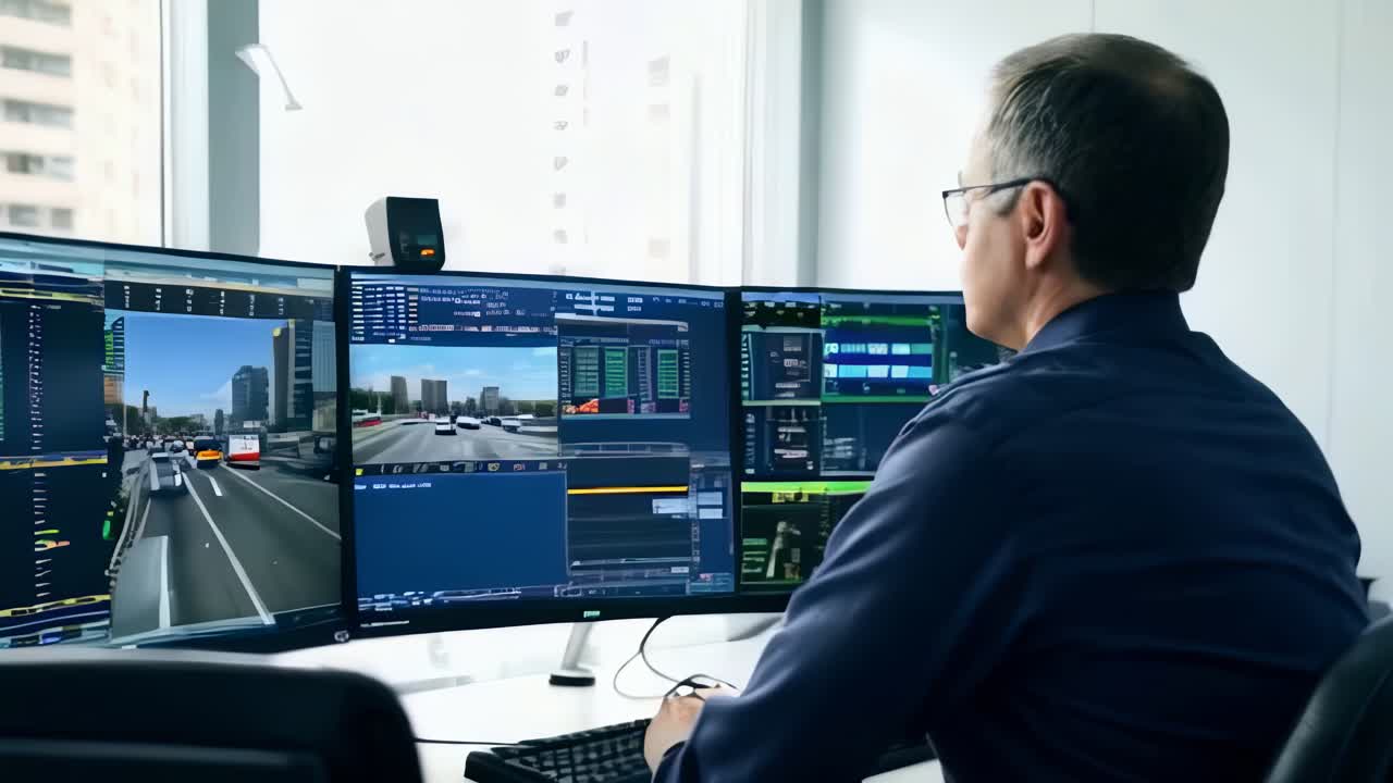 A man is sitting in front of a computer monitor with three screens
