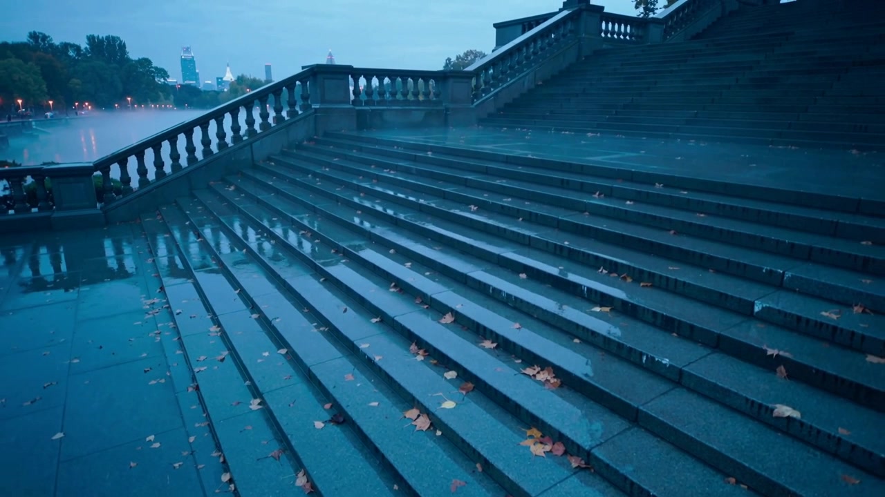 Subtle camera panning riverside stone steps showing wet pavement, leaves, revealing railing, lights