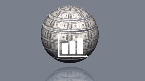 animation of statistics over globe formed with american dollar banknotes on grey background