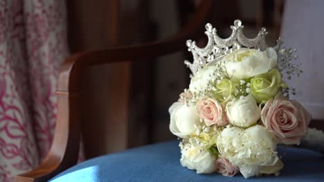 Wedding-Bridal-Bouquet-with-tiara-on-top-slider-slow-motion